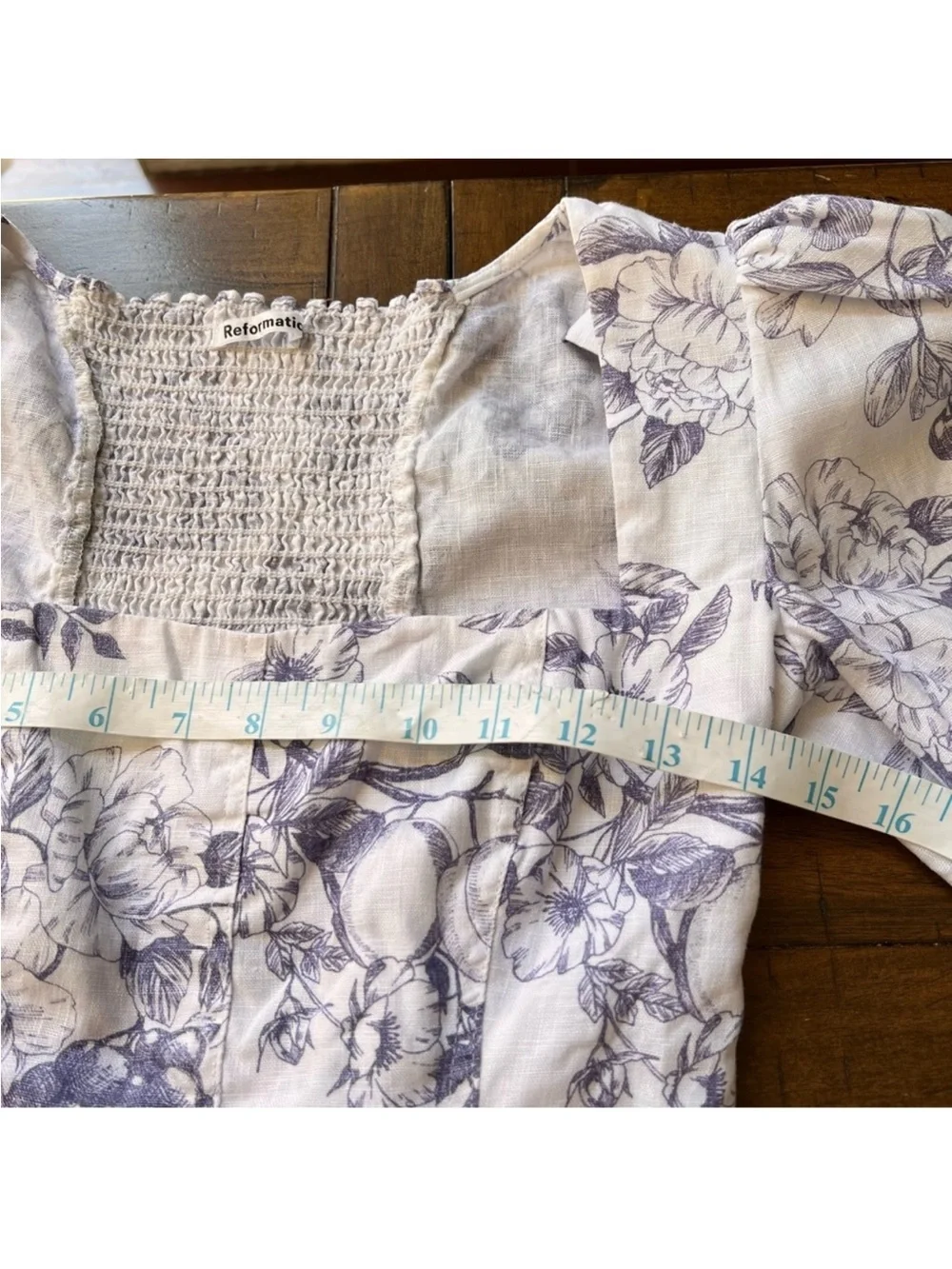 REFORMATION Blouse Top Carla Stilton Linen Puff Sleeve Floral Print White Blue 2